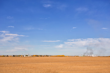 Obraz premium A golden harvested field with smoke from industrial buildings in a small town in the distance dotted with trees in a midday agricultural landscape