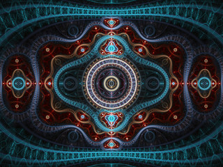 Red and blue fractal clockwork, digital artwork for creative graphic design