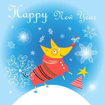 New Year  card with a yellow dog