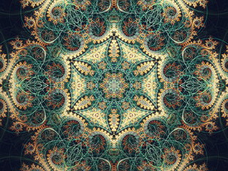 Green and gold fractal spirals, digital artwork for creative gra