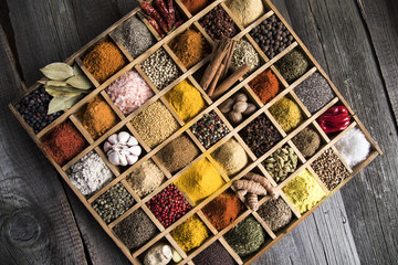 Different types of Assorted Spices in a wooden box
