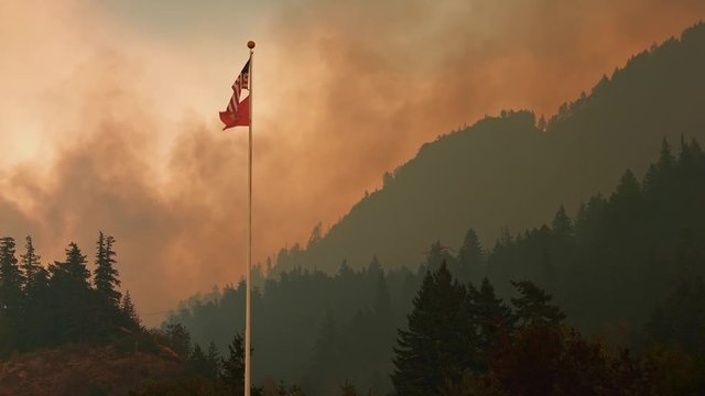Apocalypse American Flag Smoke Wildfire Hill Eagle Creek Forest Fire in Oregon gray  