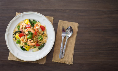 Spaghetti Prawns Stir Black pepper sauce delicious