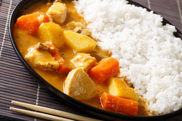 Japanese curry rice with meat, carrot and potato close-up on a plate. Horizontal