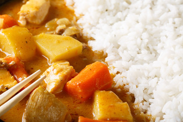 Japanese curry with rice (Kare raisu) macro. horizontal
