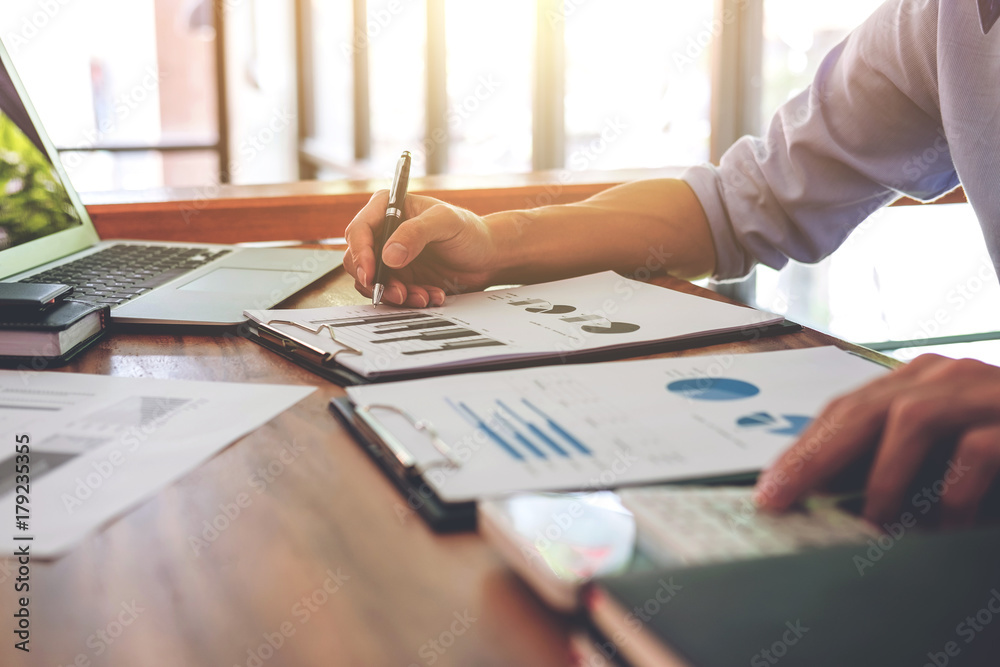 Poster elegant business man working new business strategy plan in office with document data and report, pro