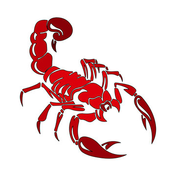 Silhouette of red scorpion, cartoon on white background,
