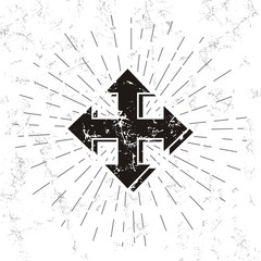 Arrow symbol with sunburst on grunge background 