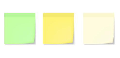 Realistic yellow, green and white memo stickers with shadow and curled corner mockup. Vector sticky notes paper sheets templates, reminders