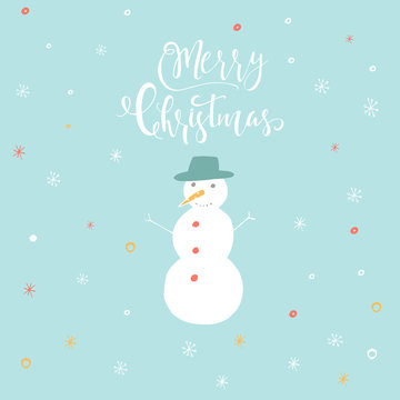 Merry Christmas cute greeting card with snowman for presents.