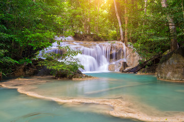 Amazing beautiful waterfalls level one in tropical forest at Erawan Waterfall in Erawan National Park, Kanchanaburi Province, Thailand