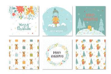 Fototapeta na wymiar Set of 6 cute Christmas gift cards with lettering Merry Christmas and patterns.