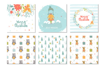 Set of 6 cute Christmas gift cards with lettering Merry Christmas and patterns.