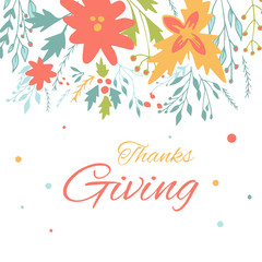 Hand drawn happy thanksgiving card with decorative wreath. Celebration quote for postcard,