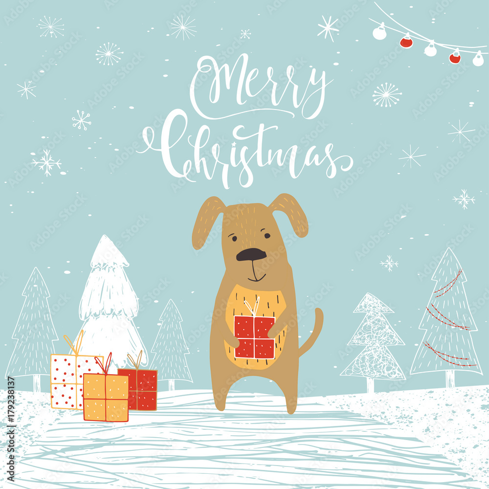 Sticker Cute Christmas gift card with quote Merry Christmas