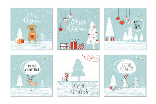 Set of 6 cute Christmas gift cards with quote Merry Christmas