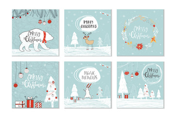 Set of 6 cute Christmas gift cards with quote Merry Christmas