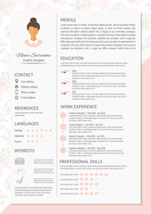 Feminine resume with infographic design. Stylish CV set for wome