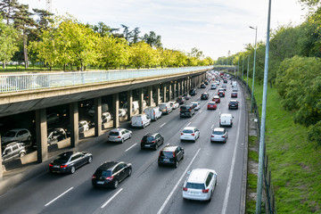 Daily heavy traffic on the half-covered western part of the eight lanes ring road of Paris at the...