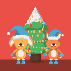 Fototapeta premium christmas tree with cute fox and dog icon over red background colorful design vector illustration