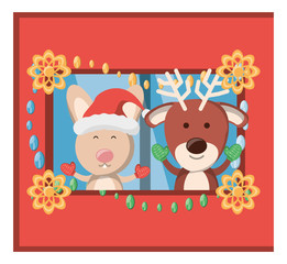 Naklejka premium christmas pets at the window over red background colorful design vector illustration