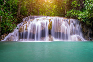 Amazing beautiful waterfalls level two in tropical forest at Erawan Waterfall in Erawan National Park, Kanchanaburi Province, Thailand