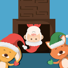 chirstmas pets and santa claus over blue background colorful design vector illustration