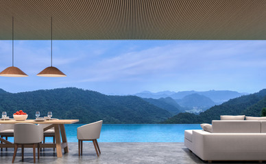 Loft style pool villa living and dining room with mountain view 3d rendering image.The room has polished concrete floor,wood lattice ceiling.Looking out to the mountains view.