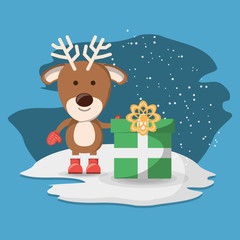 christmas deer and gift box icon over blue background colorful design vector illustration