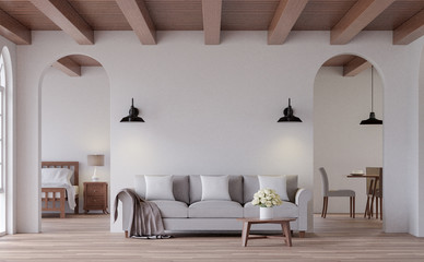 Vintage living 3d rendering image.The Rooms have wooden floors and ceilings with white walls and arch windows. Look through the door to see the bedroom and dining room behind.