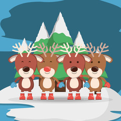 christmas deers over pine trees and blue background colorful design vector illustration