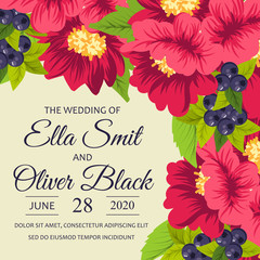 Greeting card with flowers, watercolor, can be used as invitation card for wedding, birthday and other holiday and summer background. Vector illustration. 