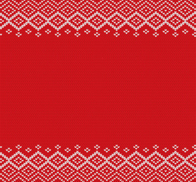 Holiday knitted geometric ornament with empty space for text. Knit christmas winter sweater design.
