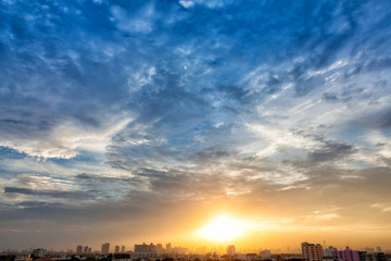 Aerial view of dramatic sunset.
