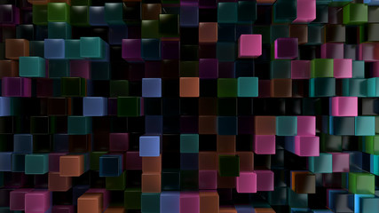 Wall of blue, green, orange and purple glass cubes