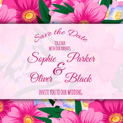 Greeting card with flowers, watercolor, can be used as invitation card for wedding, birthday and other holiday and summer background. Vector illustration. 