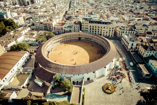 Ronda, Spain. Ancient Spanish city, top view. Photo from quadrocopter. Arena for bullfighting. Bullfighting.
