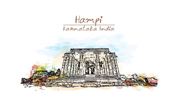 Watercolor sketch with splash of kadalekalu ganesha temple Hampi, Karnataka, India in vector illustration.