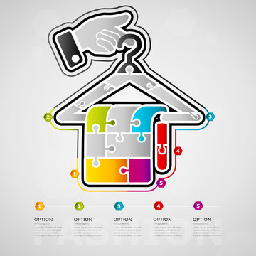 Five options Fashion timeline infographic design with chlotes hanger icon made out of jigsaw pieces