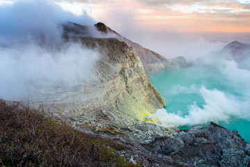 Lake and Sulfur Mine at Khawa Ijen Volcano Crater, Java Island, Indonesia