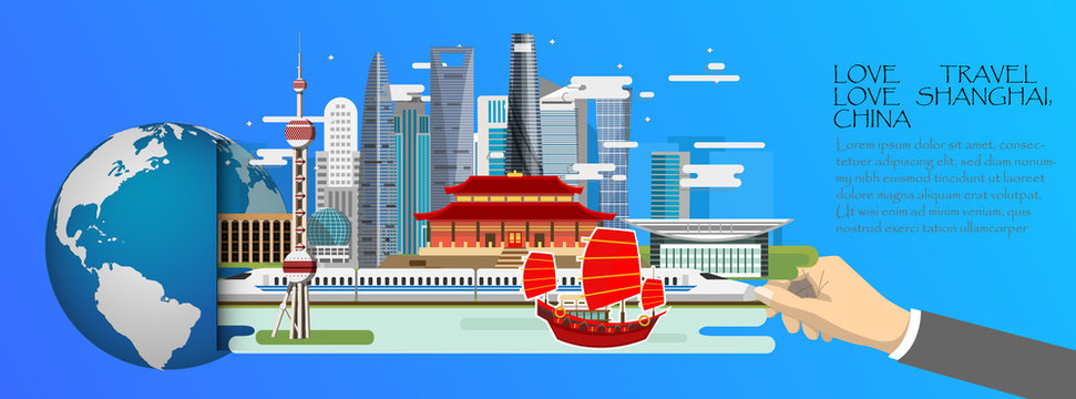 China infographic , global  with landmarks of Shanghai ,flat style.Love travel love Shanghai ,China .