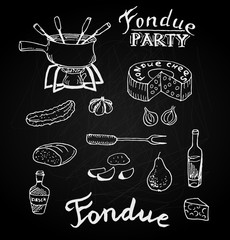 Swiss traditional fondue ingredients set of cheese, wine bottle, pot, cucumber, pear, bread. Hand drawn sketch in chalk board style
