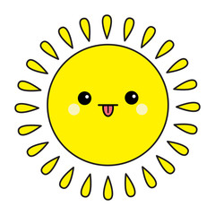 Sun shining contour icon set. Kawaii face showing tongue. Funny emotion. Cute cartoon funny character. Hello summer. White background. Isolated. Baby collection. Flat design