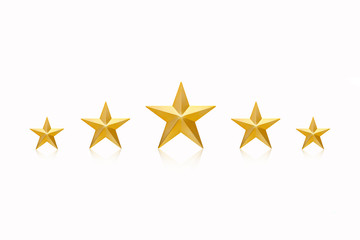 Five Golden Christmas Star  isolated on white Background. Top View Close-Up