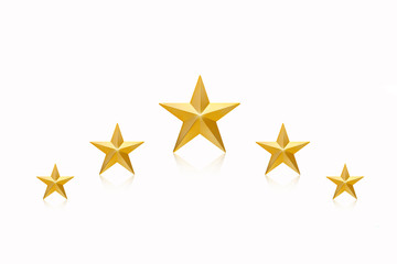 Five Golden Christmas Star  isolated on white Background. Top View Close-Up