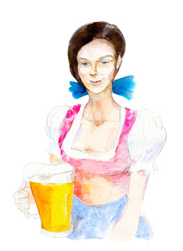 Bavarian girl with beer mug isolated on white background, hand-drawn watercolor illustration for octoberfest.