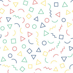 Memphis seamless geometric pattern with white background. Vector repeating texture.