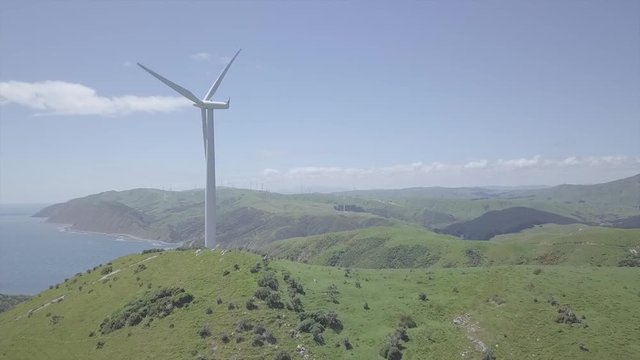 4K Aerial Footage, Wind Turbine Farm On Cliff Coastline Flat Color Profile #7