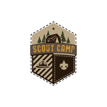 Traveling, outdoor badge. Scout camp emblem. Vintage hand drawn design. Retro colors palette. Stock illustration, insignia, rustic patch. Isolated on white background