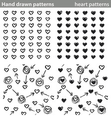 Hand drawn patterns, heart patterns. Four different seamless patterns made with hand drawn hearts.